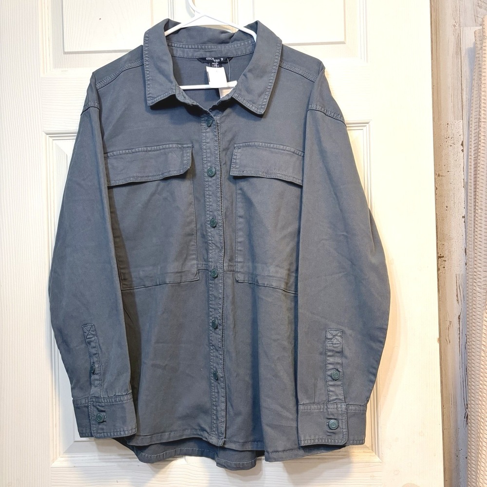 Stitch‎ Star Shacket Patch Pockets Utility Shirt Gray Button Front Men 1X